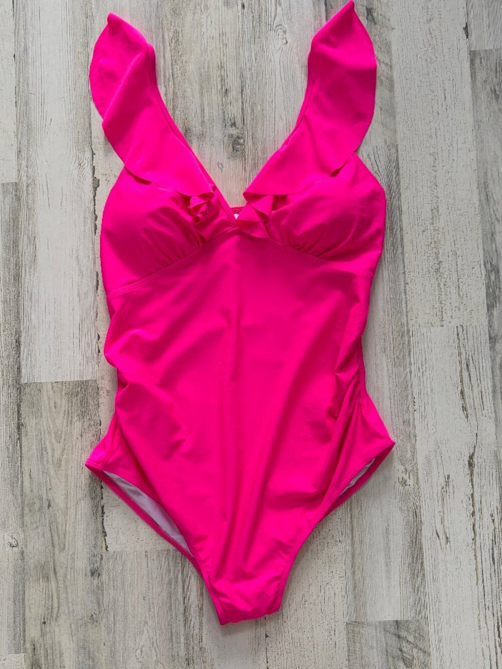 NWOT Amazon Women's Size Large 1Pc Bathing Suit Bright Pink Swim Ruffle Straps